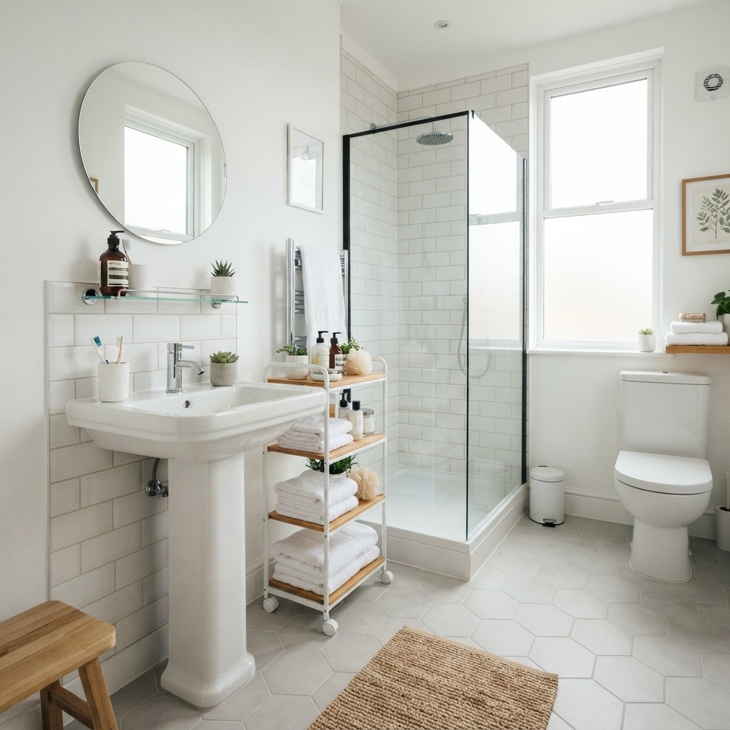 A slim rolling cart is the perfect solution for pedestal sink storage.