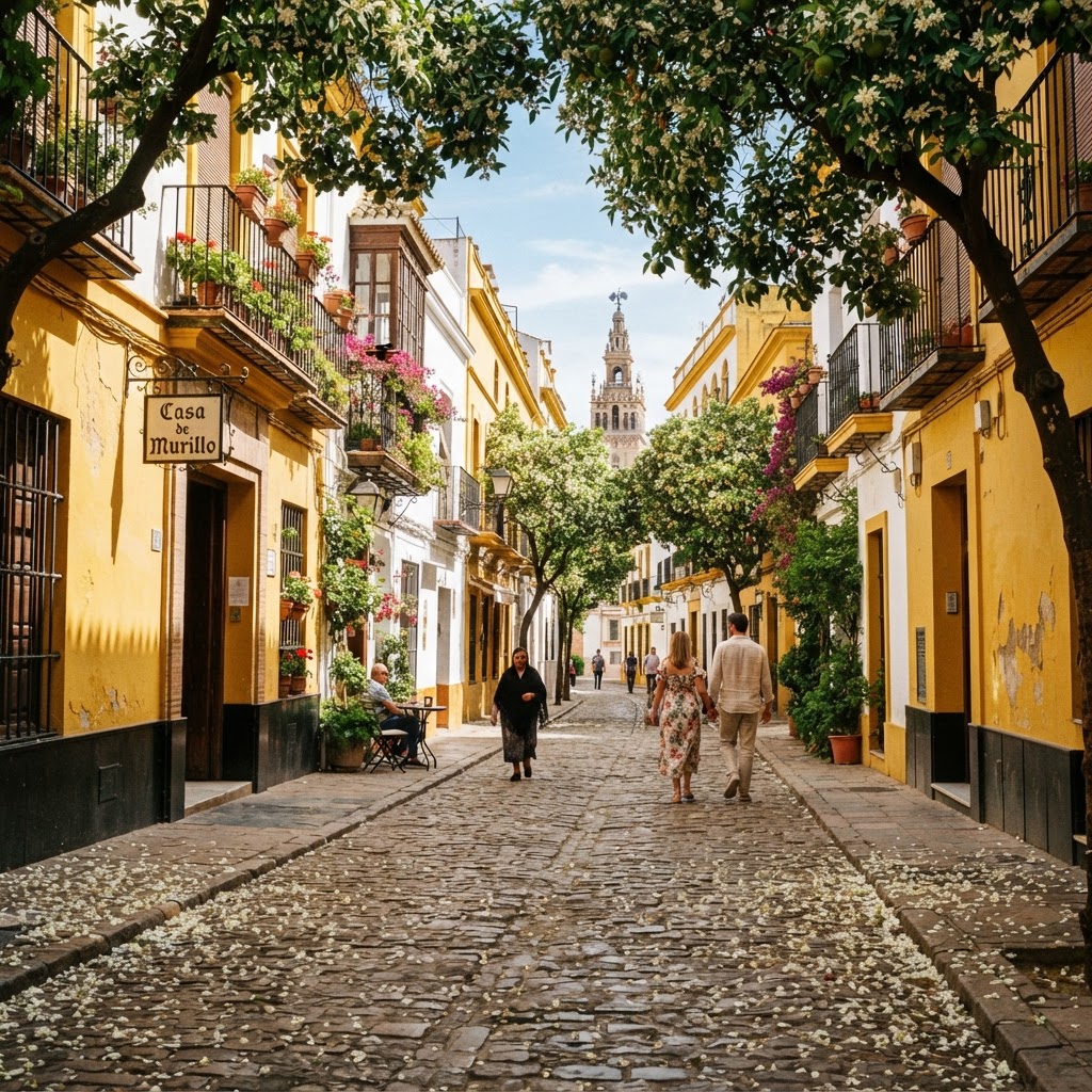 The iconic streets of Seville lined with blooming orange trees during spring.