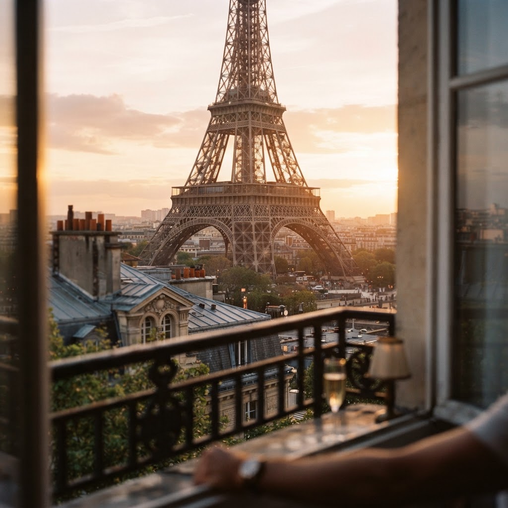 Capturing the golden hour glow on the iron structure of the tower.