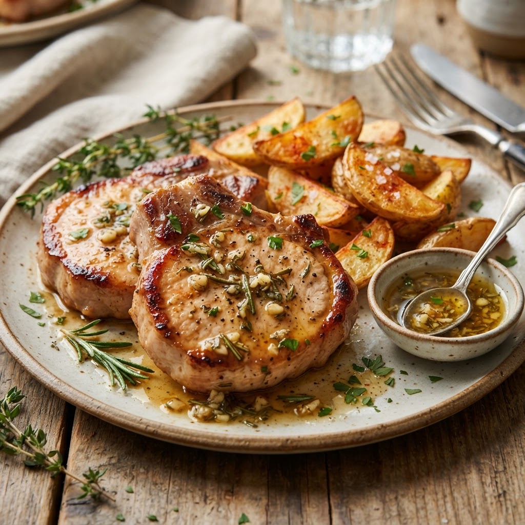 Tender, juicy pork chops paired with golden roasted potato wedges.
