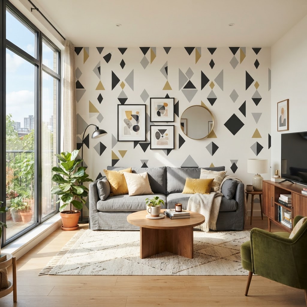 Geometric peel-and-stick wallpaper creates an instant focal point.
