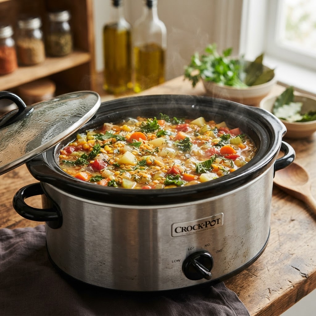 Slow cooking soup ingredients simmering to perfection in a crockpot.