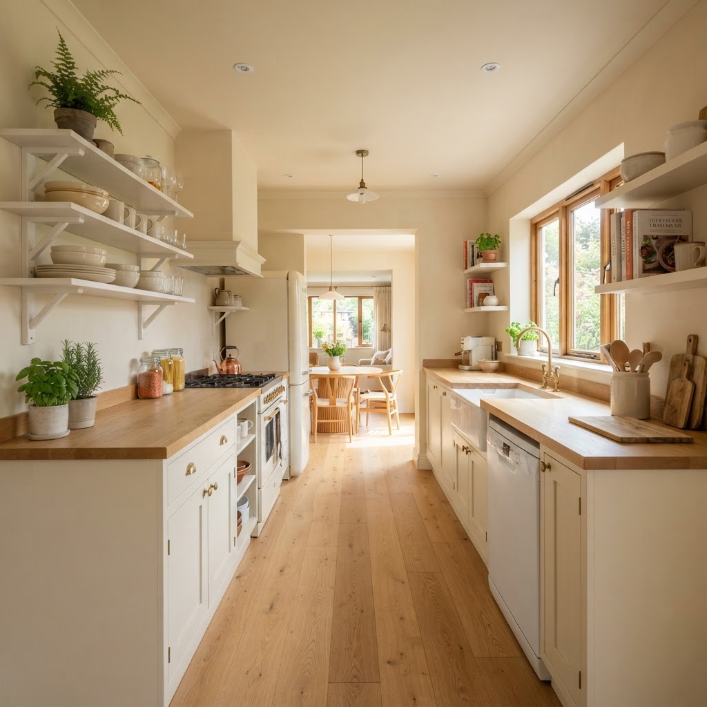 Minimalist shelves and warm tones create an inviting, airy kitchen.