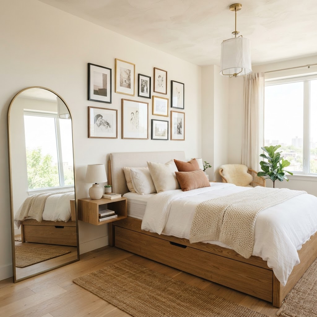 Strategically placed mirrors can make any tiny bedroom feel double in size.