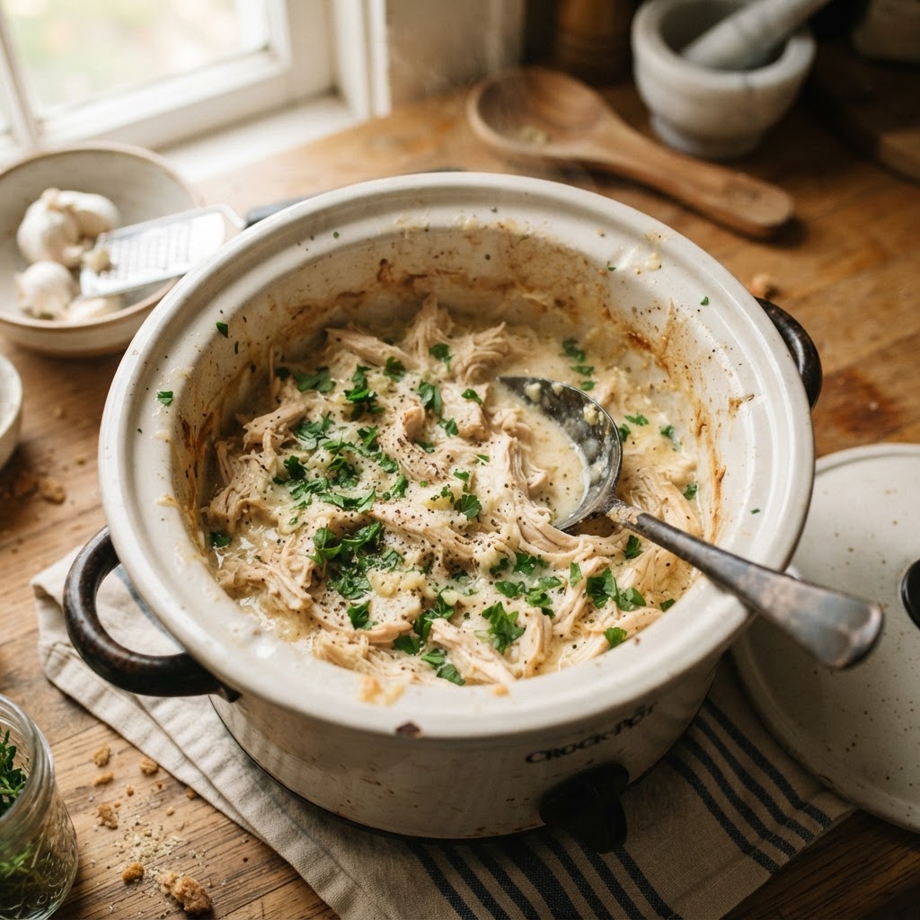 Creamy garlic parmesan chicken cooked to perfection in a slow cooker.