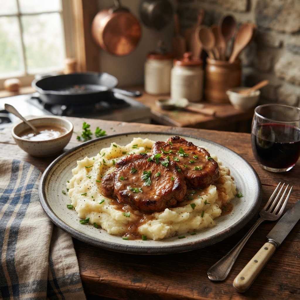 Savory, slow-cooked pork chops served with creamy potatoes.