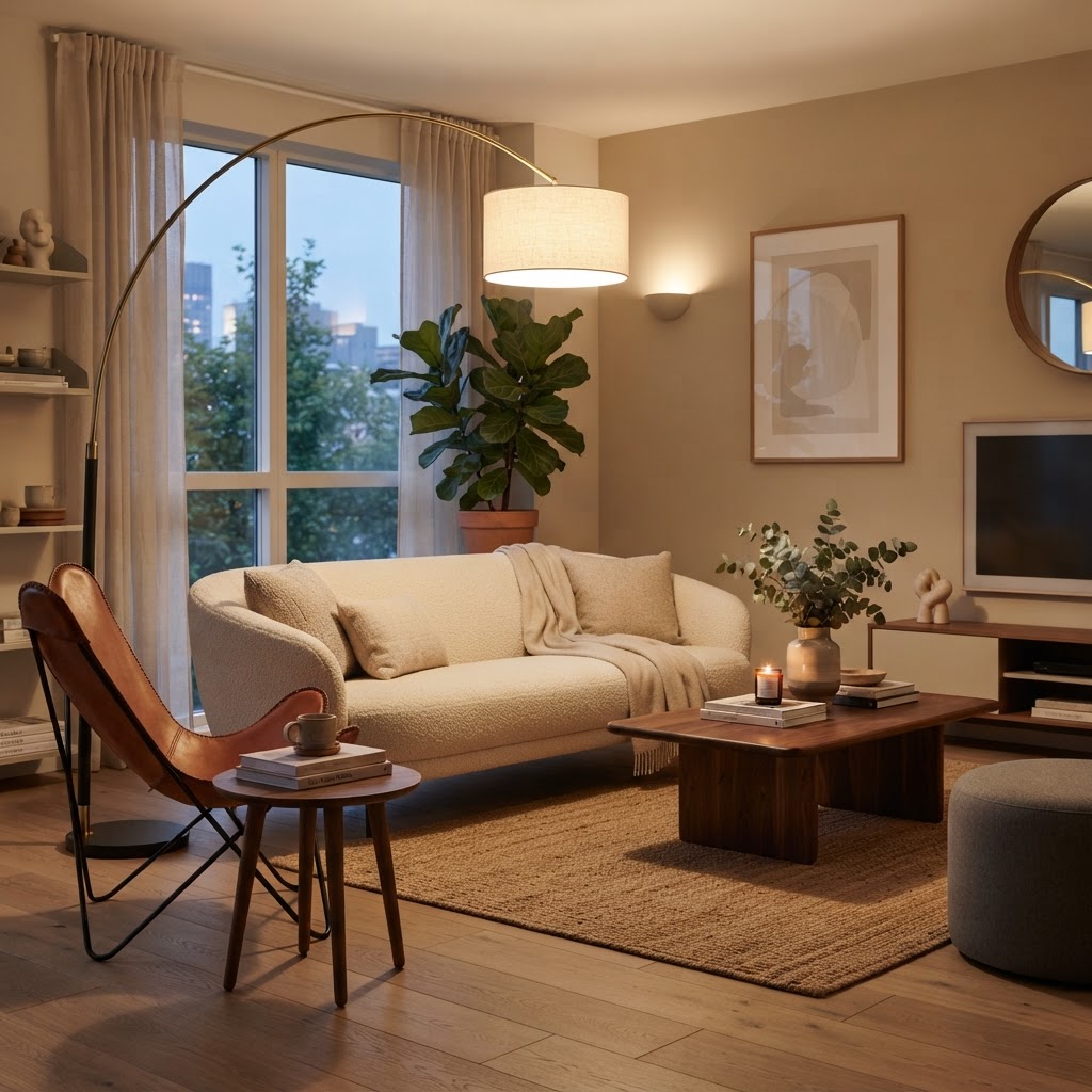Layering floor lamps adds height and dimension to your rental living room.