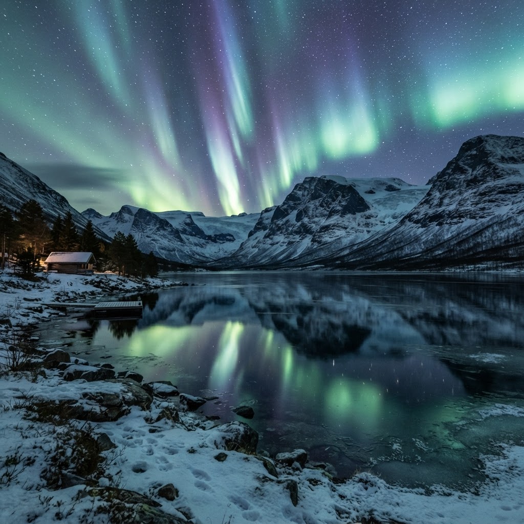Reflections of the aurora on an icy Arctic lake.