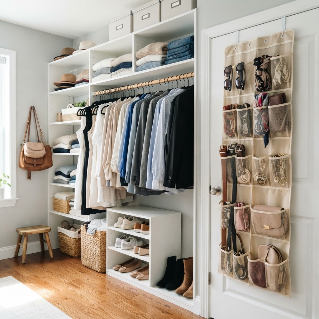 Maximize closet space with over-the-door organizers and slim hangers.