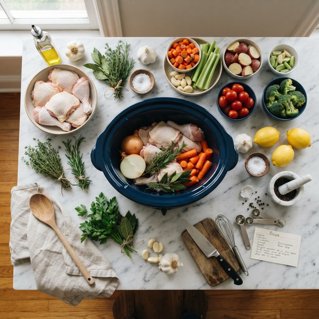 The simple, fresh ingredients required for your next crockpot meal prep.