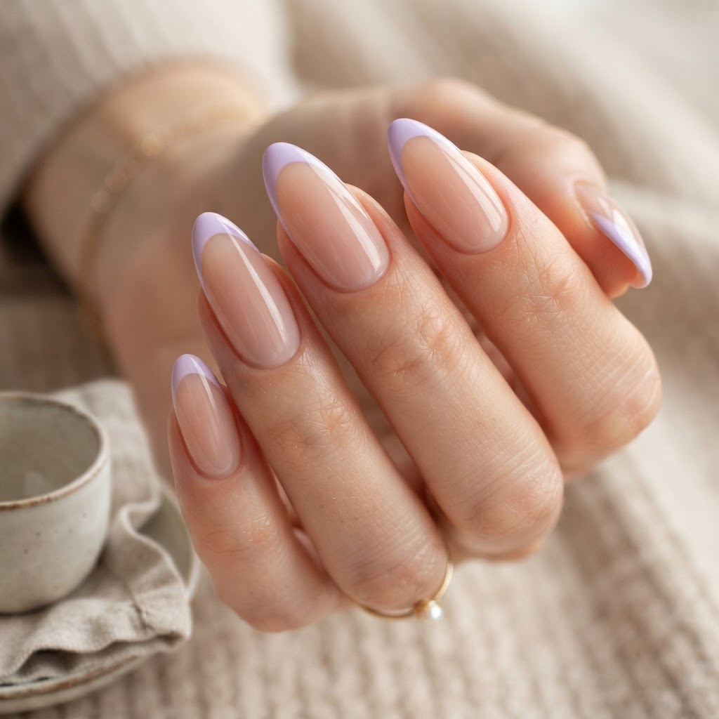 A minimalist approach to lavender pastel French tips on perfectly shaped almond nails.