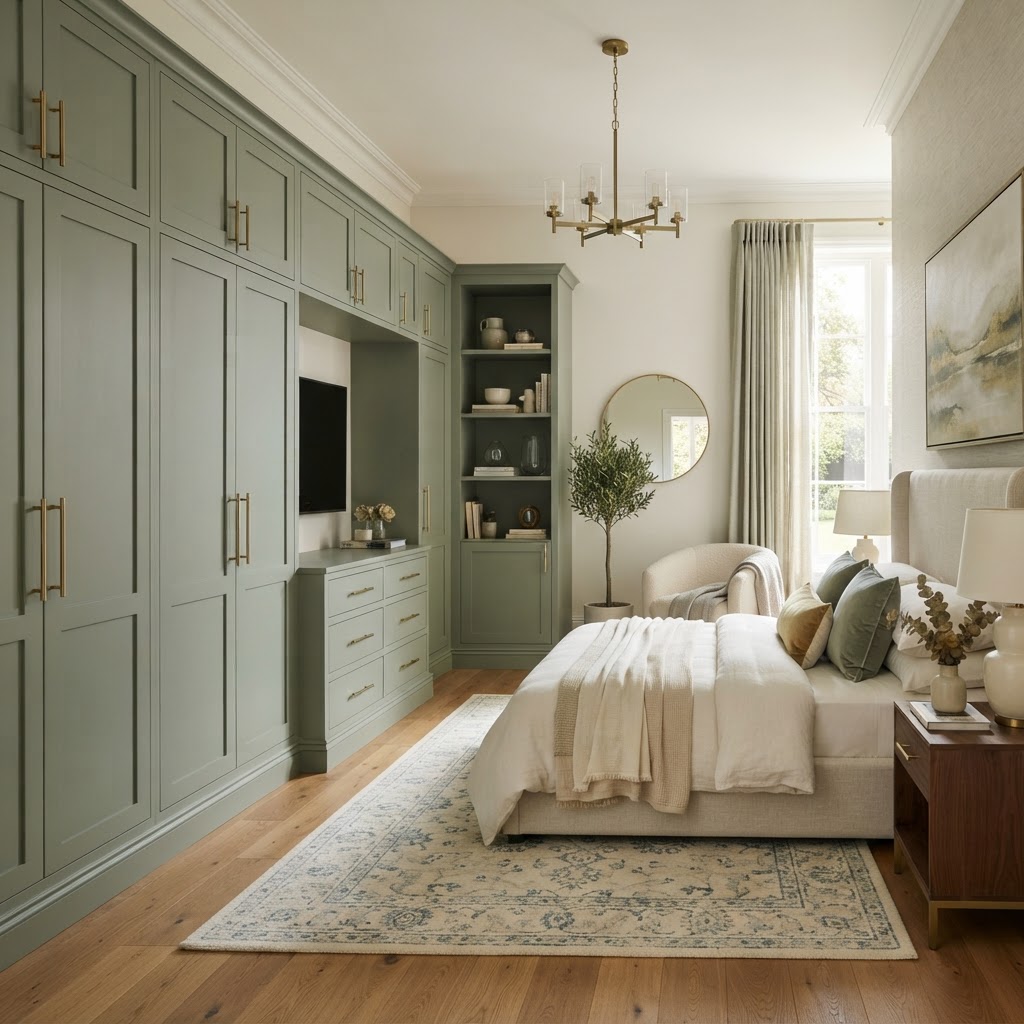 Custom built-ins utilize vertical space for a clean, cohesive look.