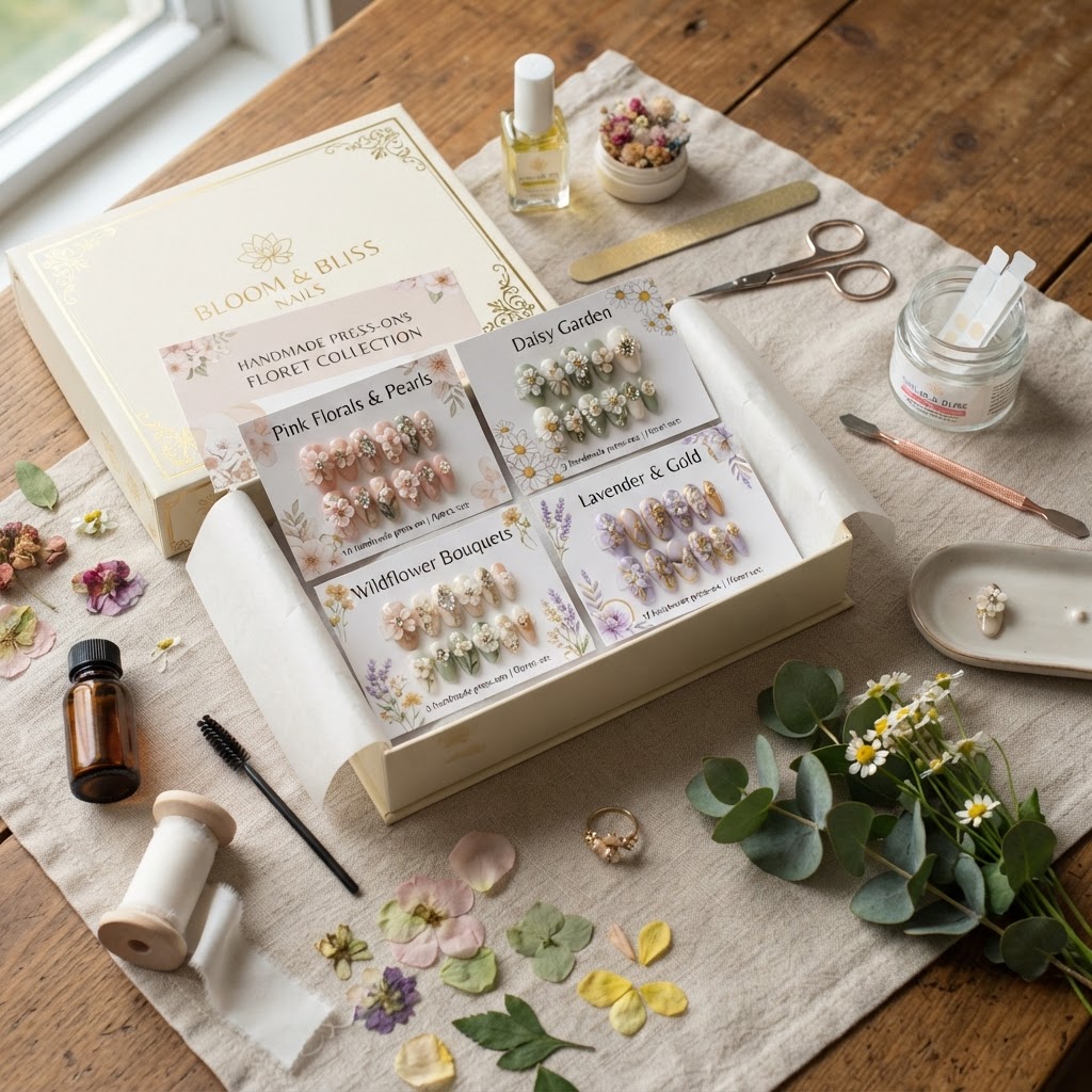 Collection of handmade 3D floral press-on nail sets.