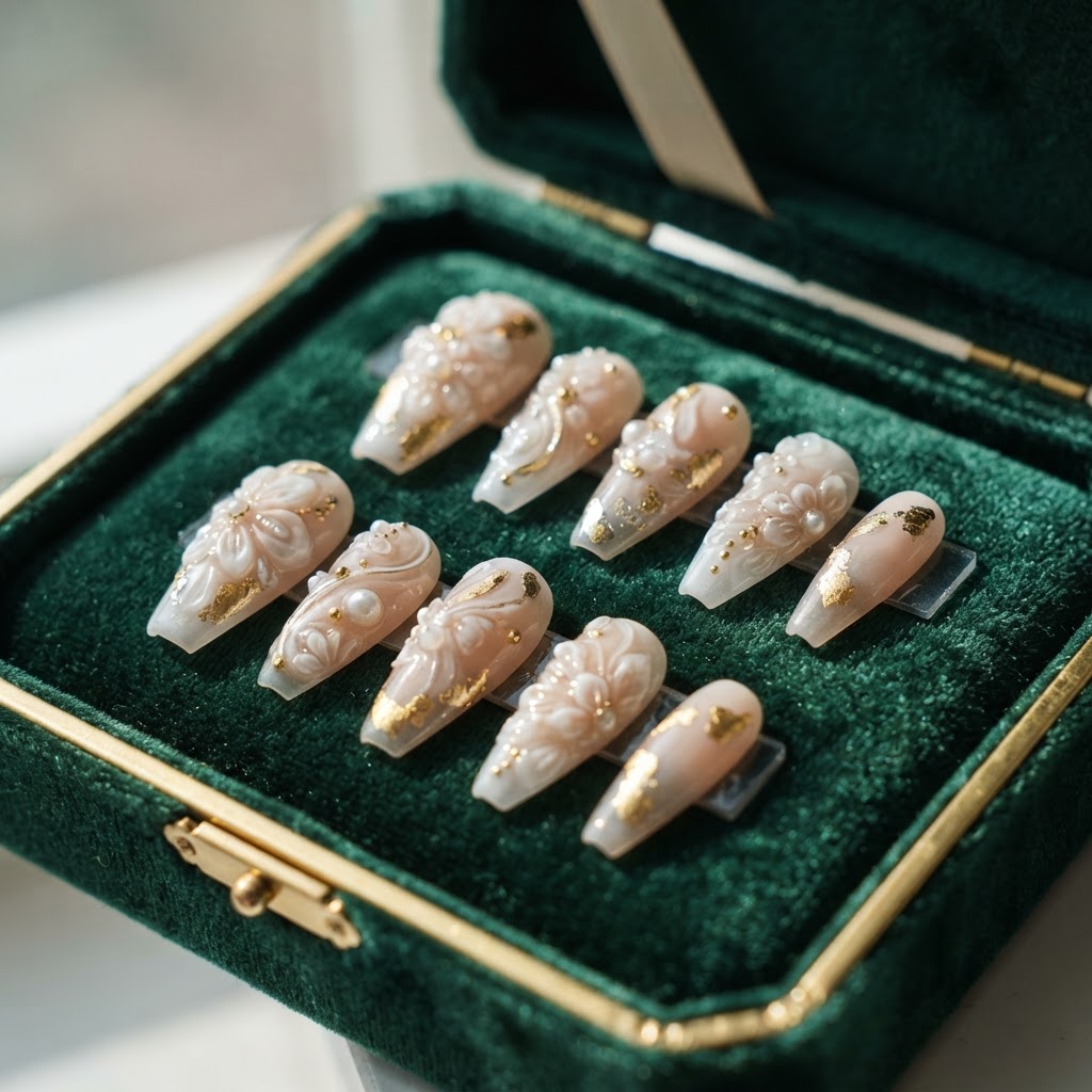 Proper storage in a velvet-lined box protects delicate 3d nail art.