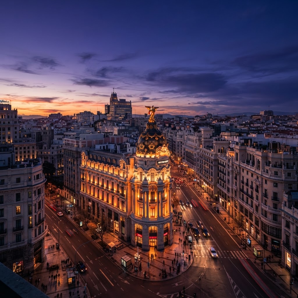 Madrid at Golden Hour: Experience the City's Pure Energy 2 The iconic Metrópolis building bathed in the warm glow of a Madrid sunset.
