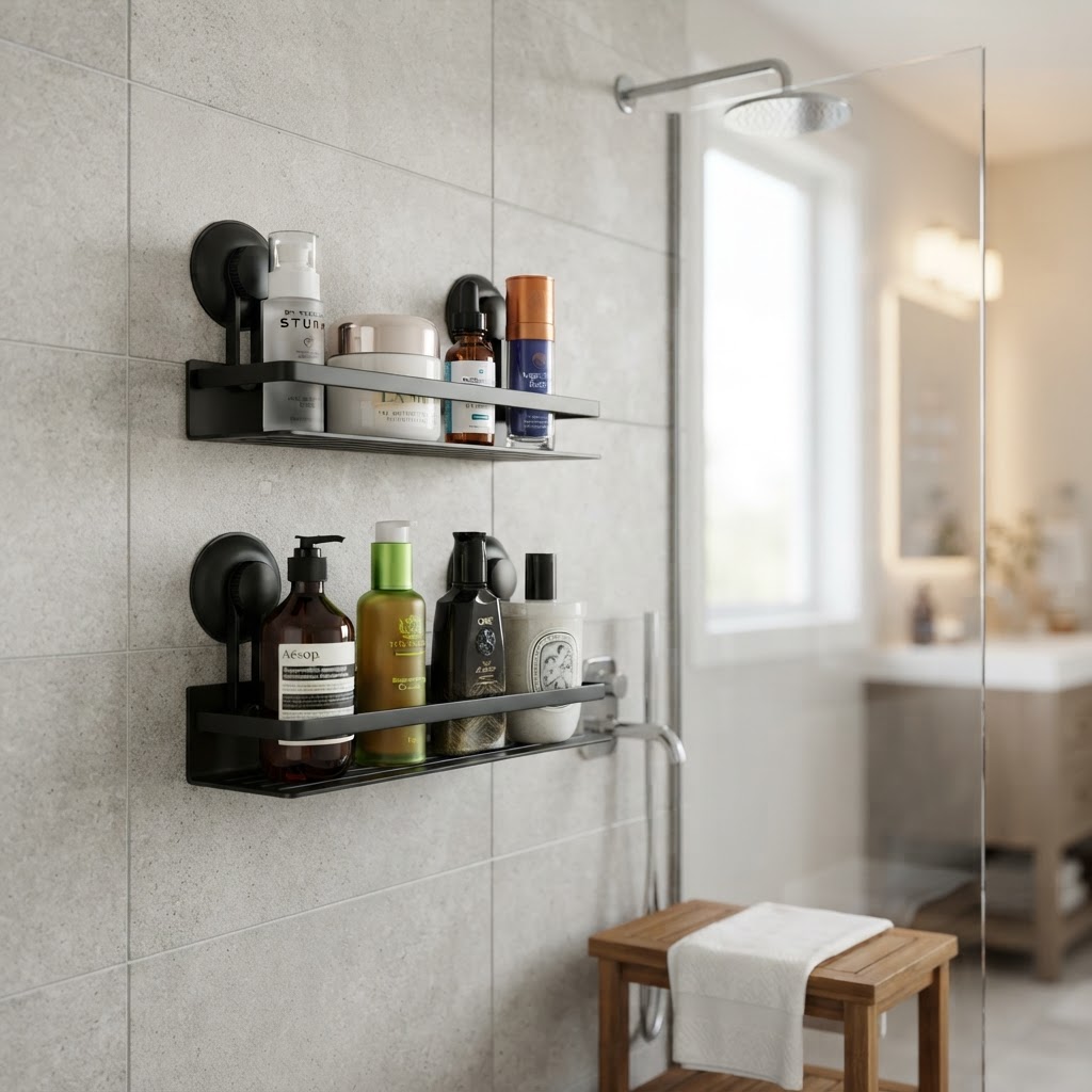 Suction cup shelves are ideal for smooth bathroom tiles.