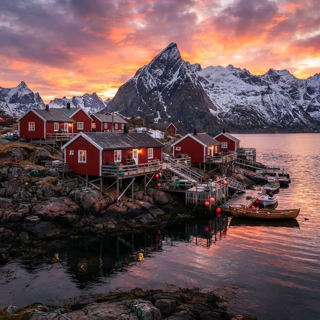The iconic red cabins of the Lofoten archipelago.