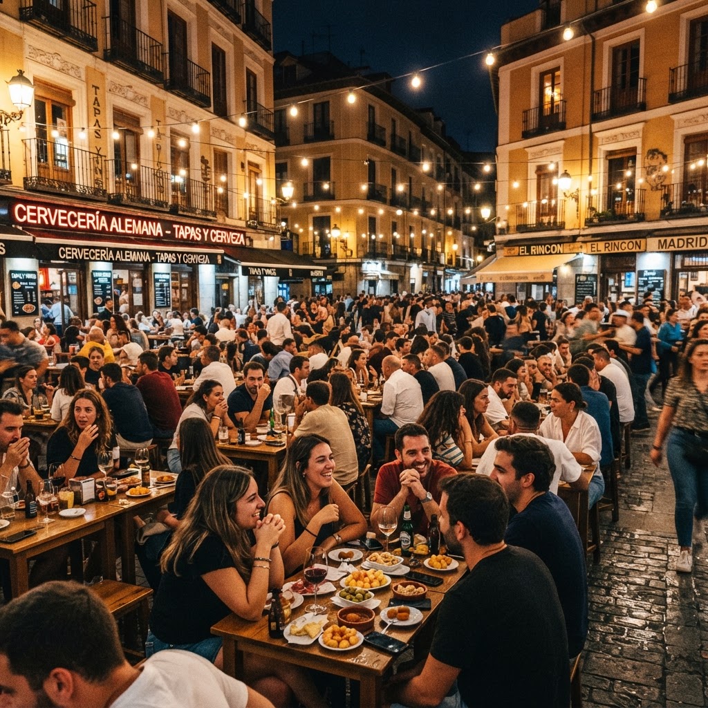 The evening atmosphere of a buzzing Spanish square.