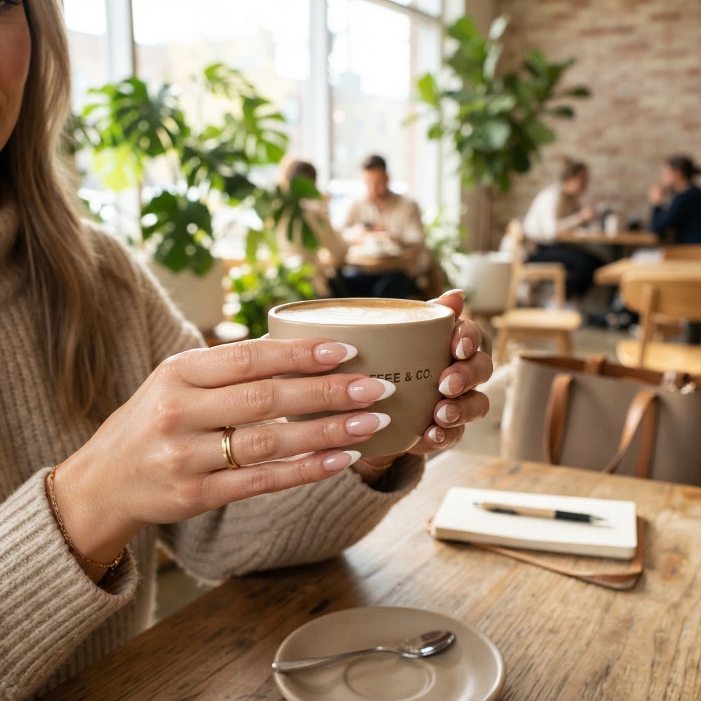 Modern long acrylic French tips paired with an everyday outfit.
