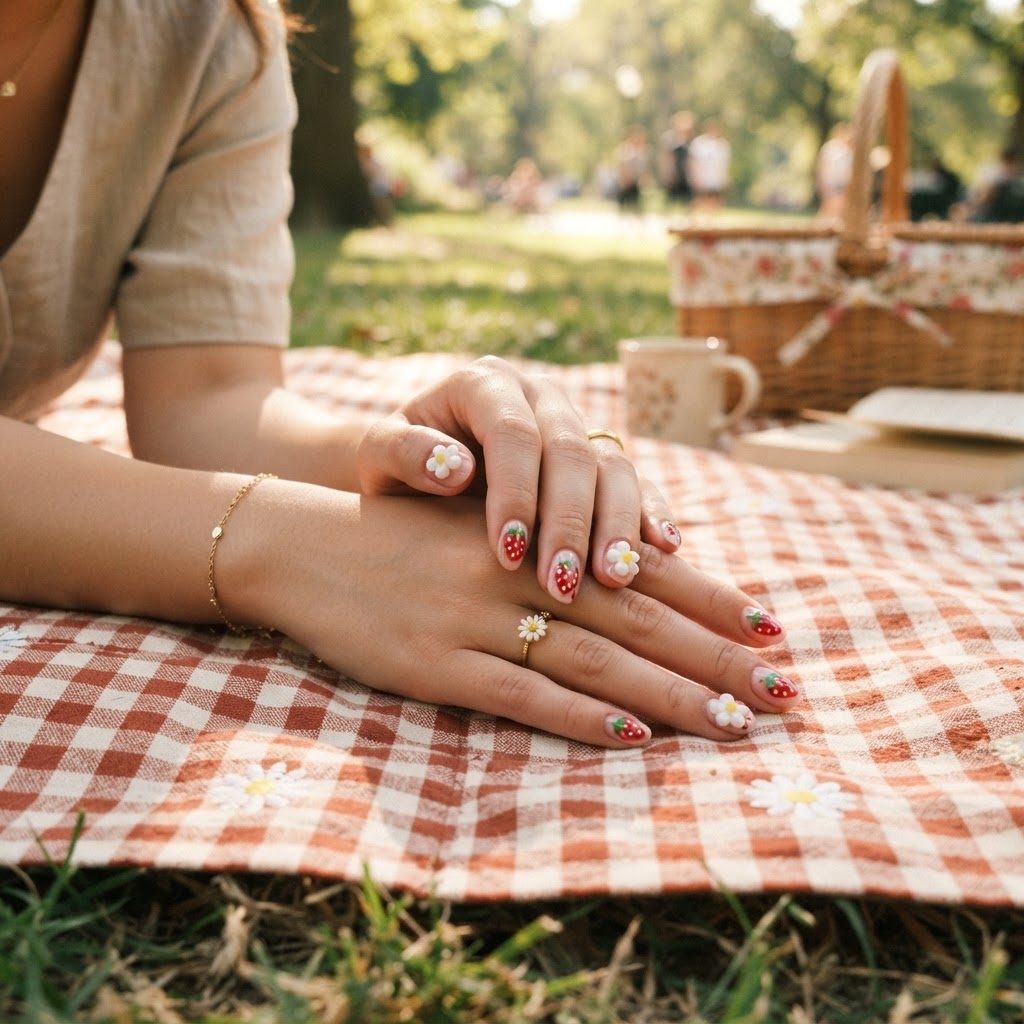 Picnic-ready aesthetic nail design.