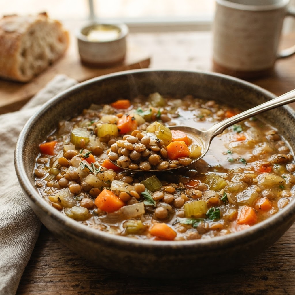 The perfect, hearty texture of a well-cooked lentil soup.