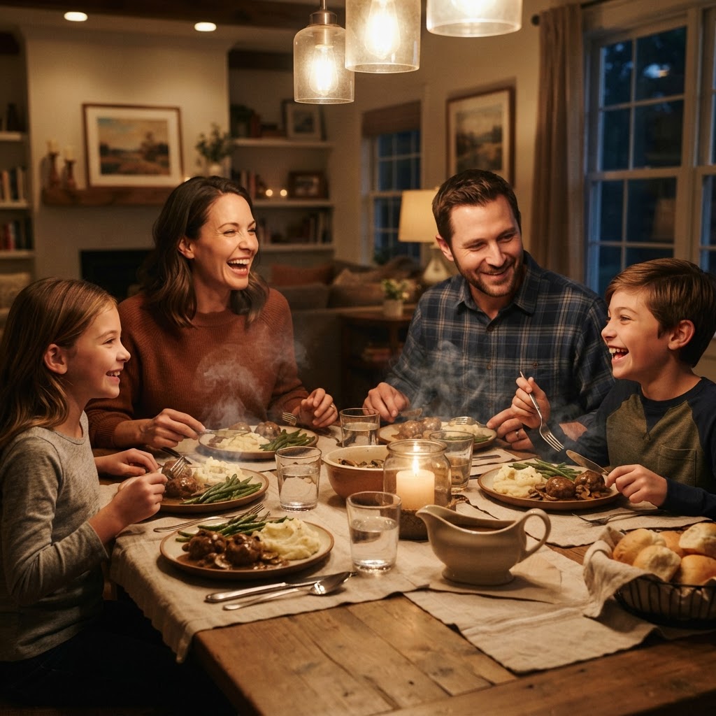 Family sharing a delicious, easy homemade dinner.