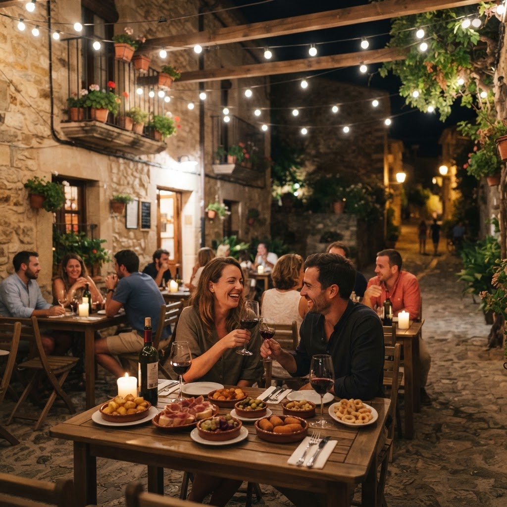 The inviting atmosphere of a Spanish terrace at night.
