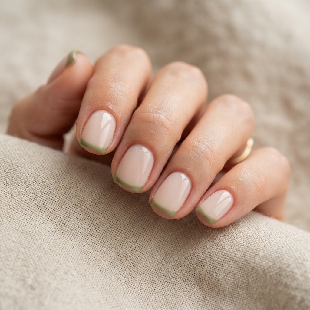 Sophisticated olive-green muted French tips provide a chic, modern look.