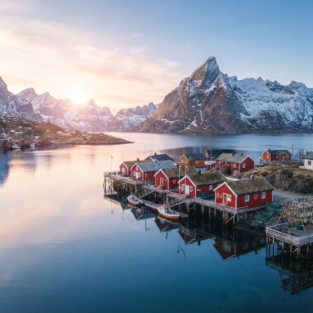 Iconic red rorbuer cabins resting on stilts above the pristine Norwegian waters.