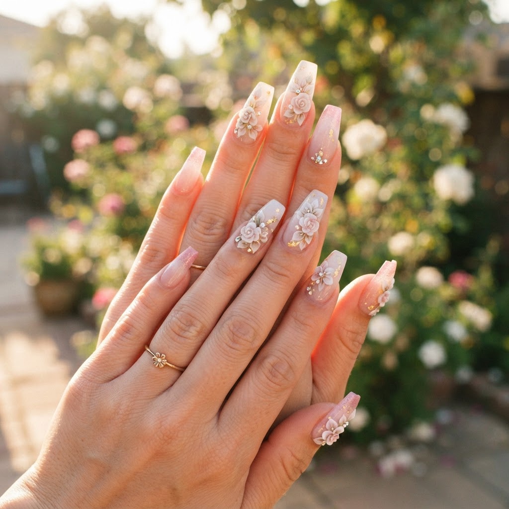 Elegant floral acrylic nails with 3D details.