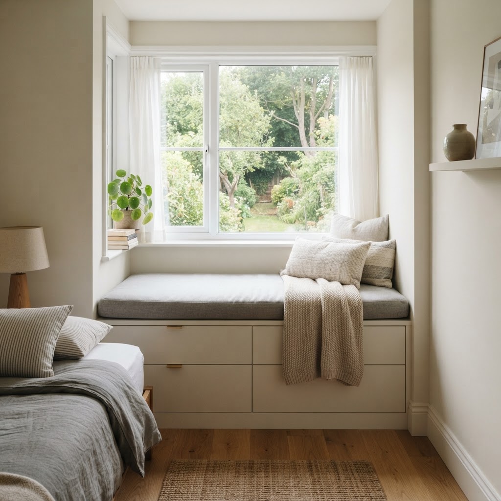 Transforming a window into a storage bench adds functionality to underutilized architectural nooks.
