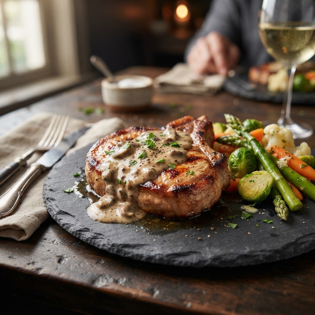 Perfectly cooked juicy pork chops ready to serve.