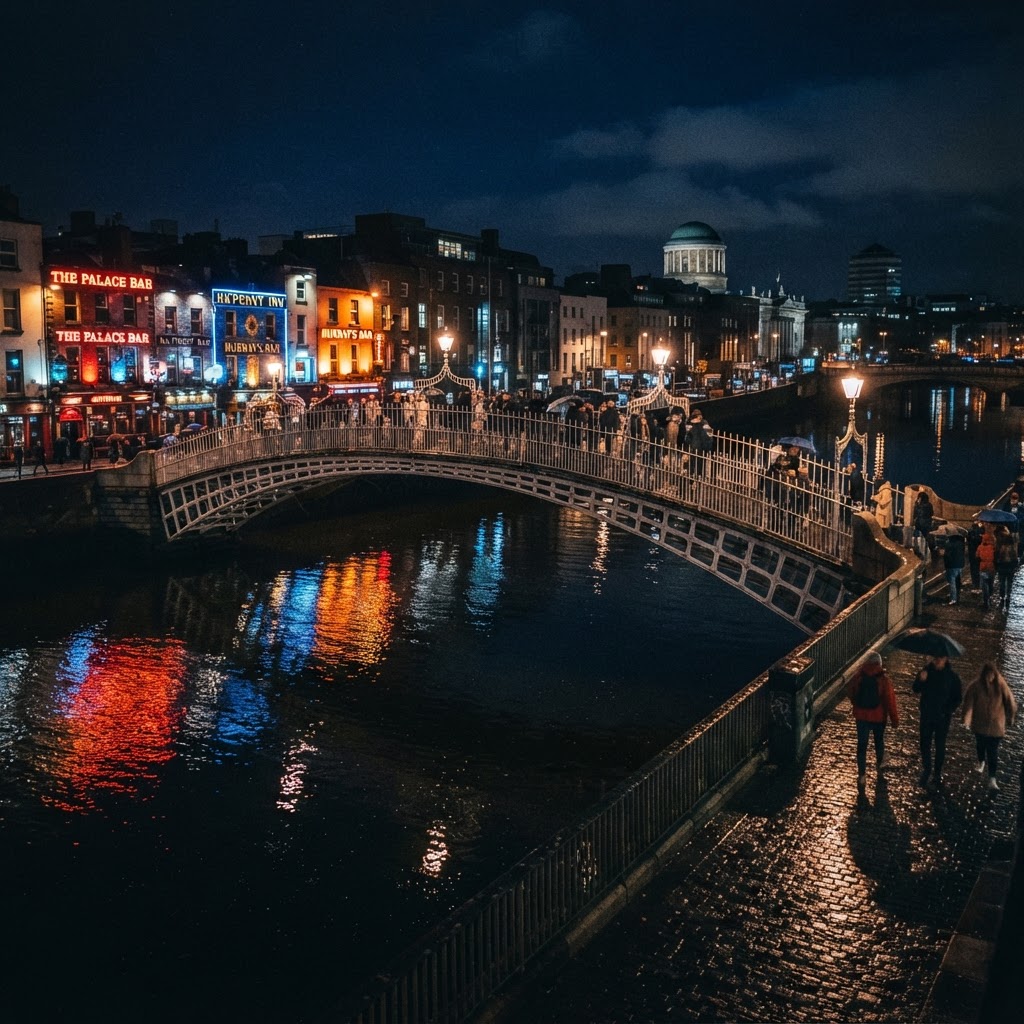 Neon lights reflecting on the River Liffey provide the perfect backdrop for noir-inspired night street photography.
