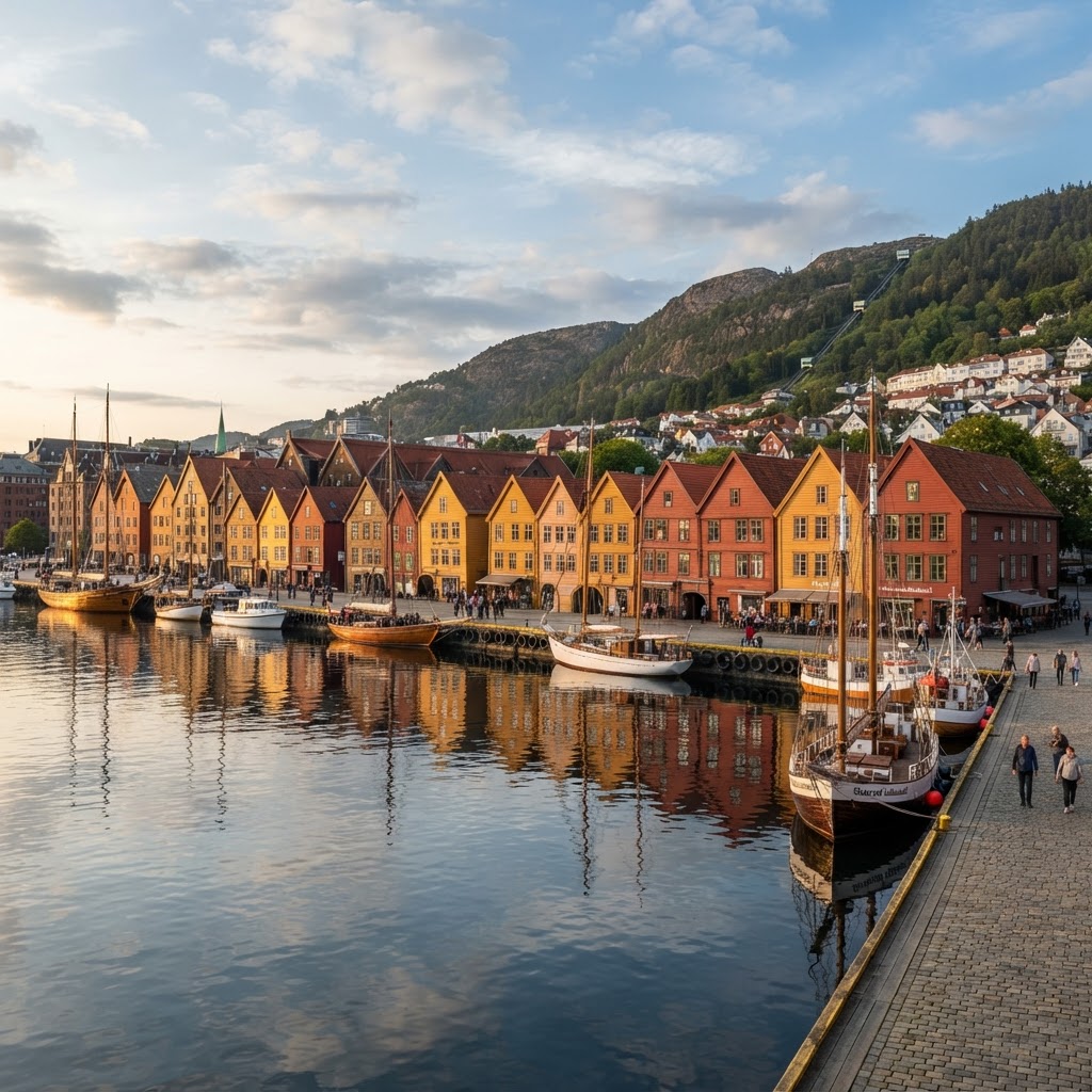 The iconic wooden facades of Bryggen reflecting the golden hour glow.