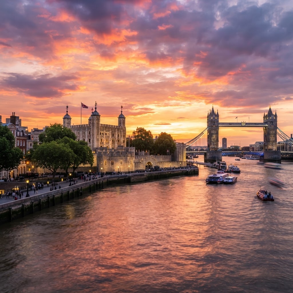 The historic Tower of London at dusk.