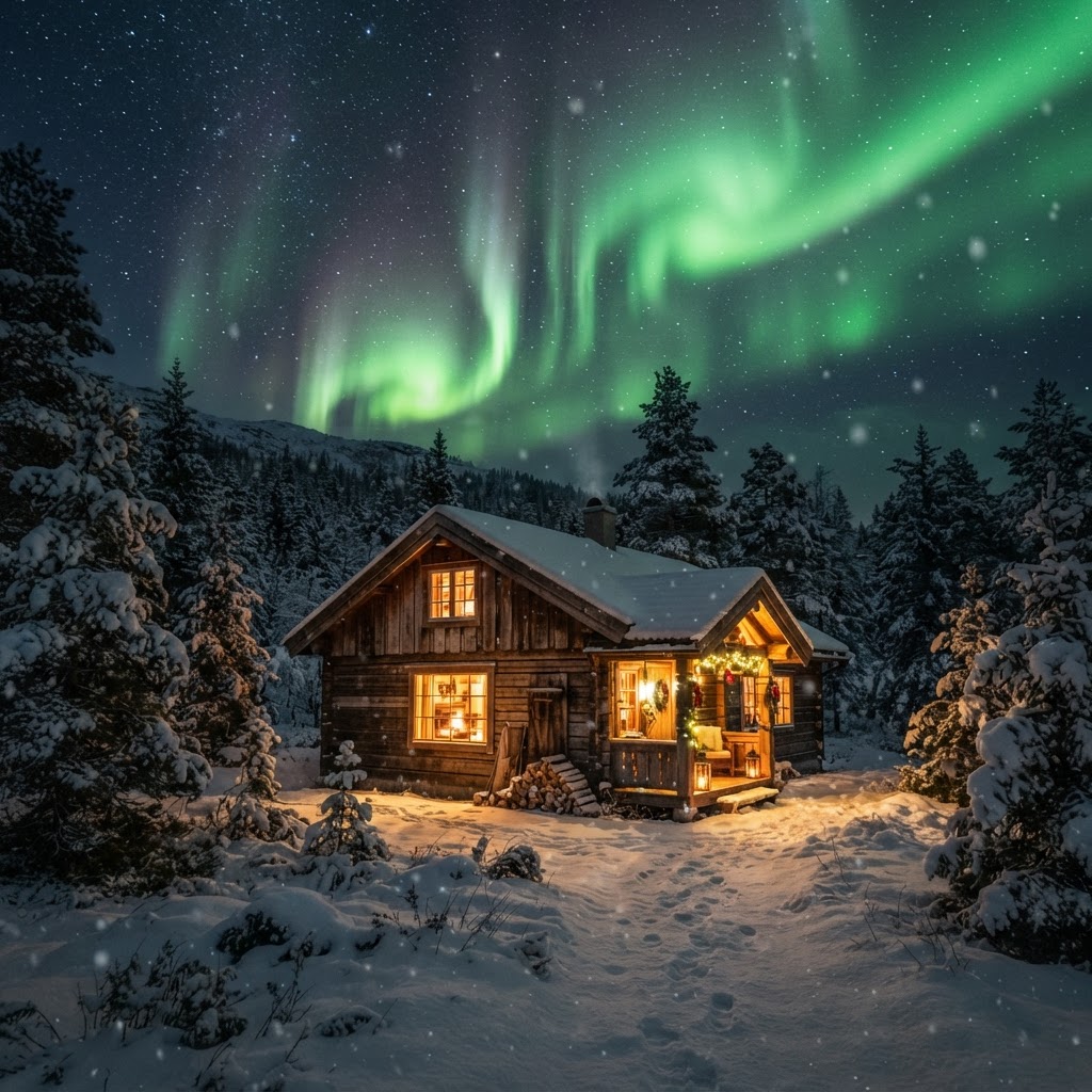 Witnessing the magical Aurora Borealis from a cozy mountain cabin.