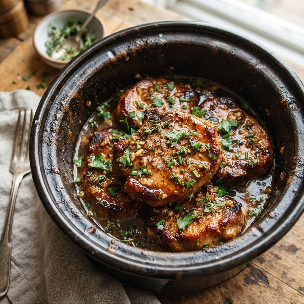 Tender, saucy slow cooker pork chops served right from the pot.