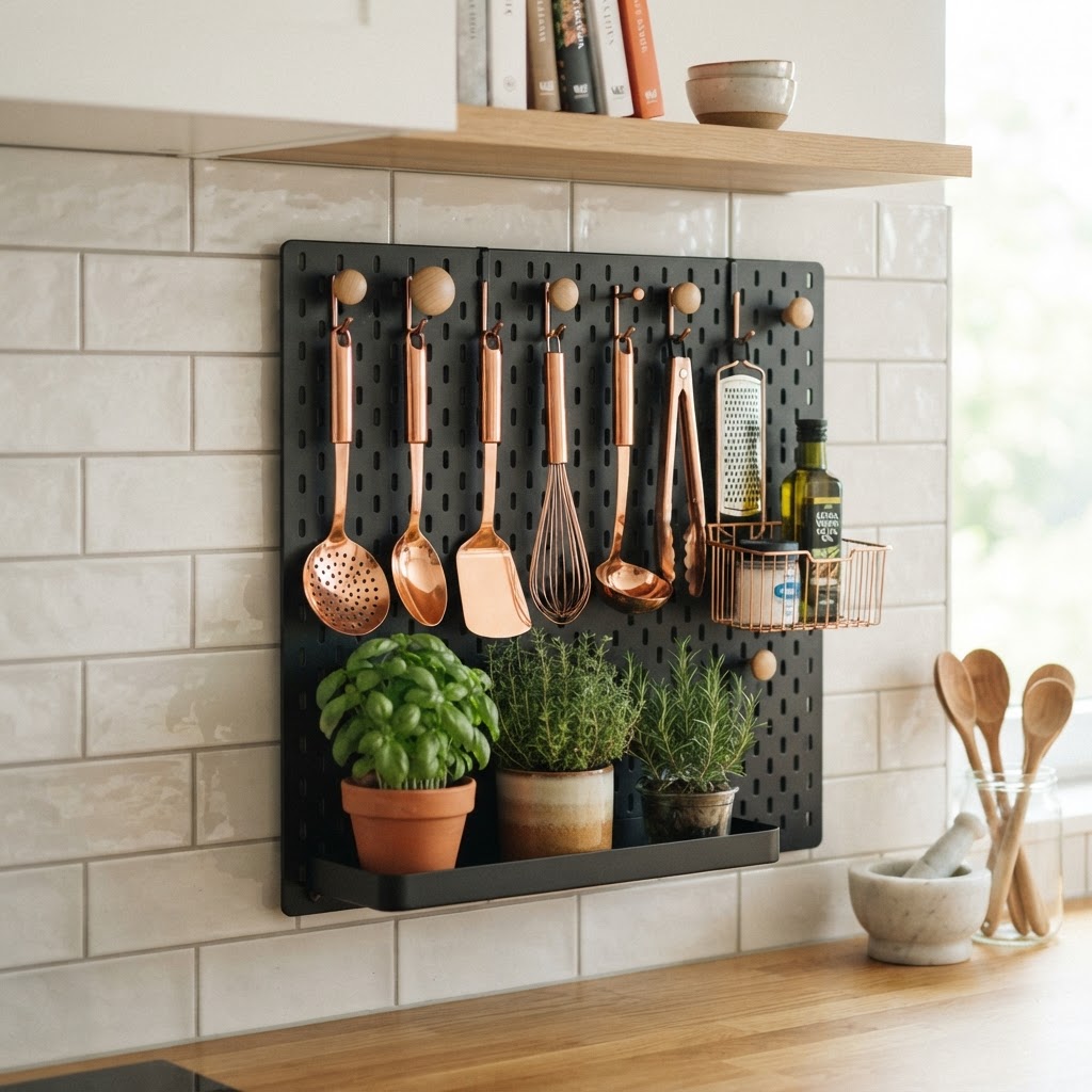 A wall-mounted pegboard keeps kitchen tools within reach.