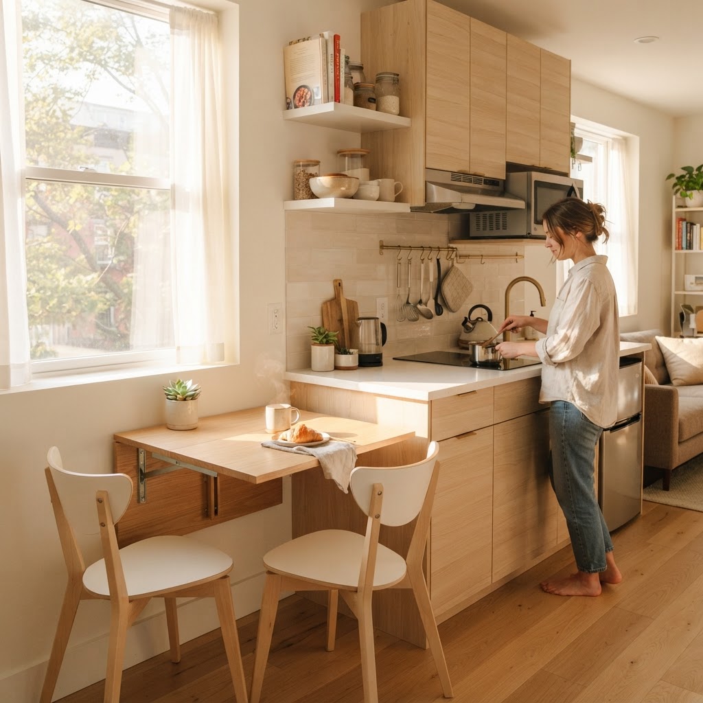 A wall-mounted drop-leaf table maximizes floor space in a small kitchen.