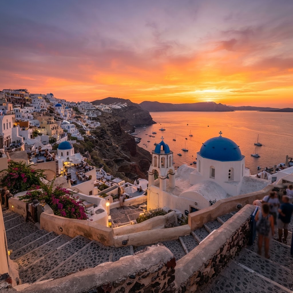 The legendary sunset view of Santorini's blue domes.