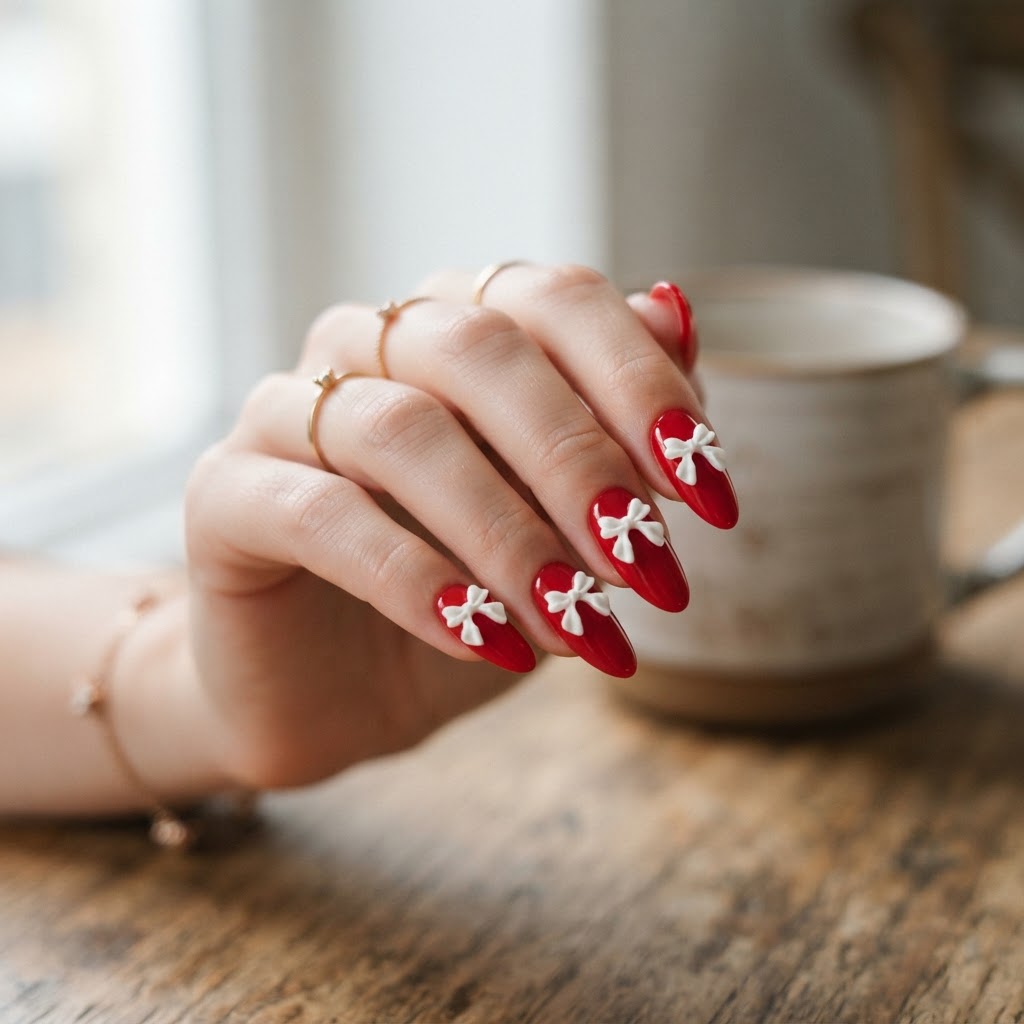 Elegant red coquette bow nails.