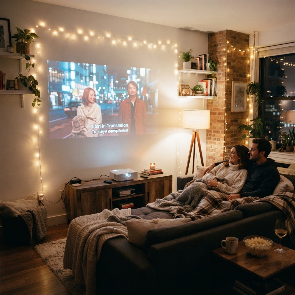 A beautifully lit small-space movie setup with a projector.