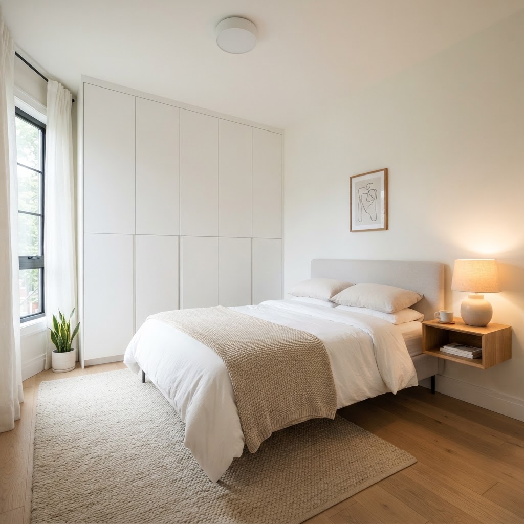 Floor-to-ceiling wardrobes maximize vertical space.