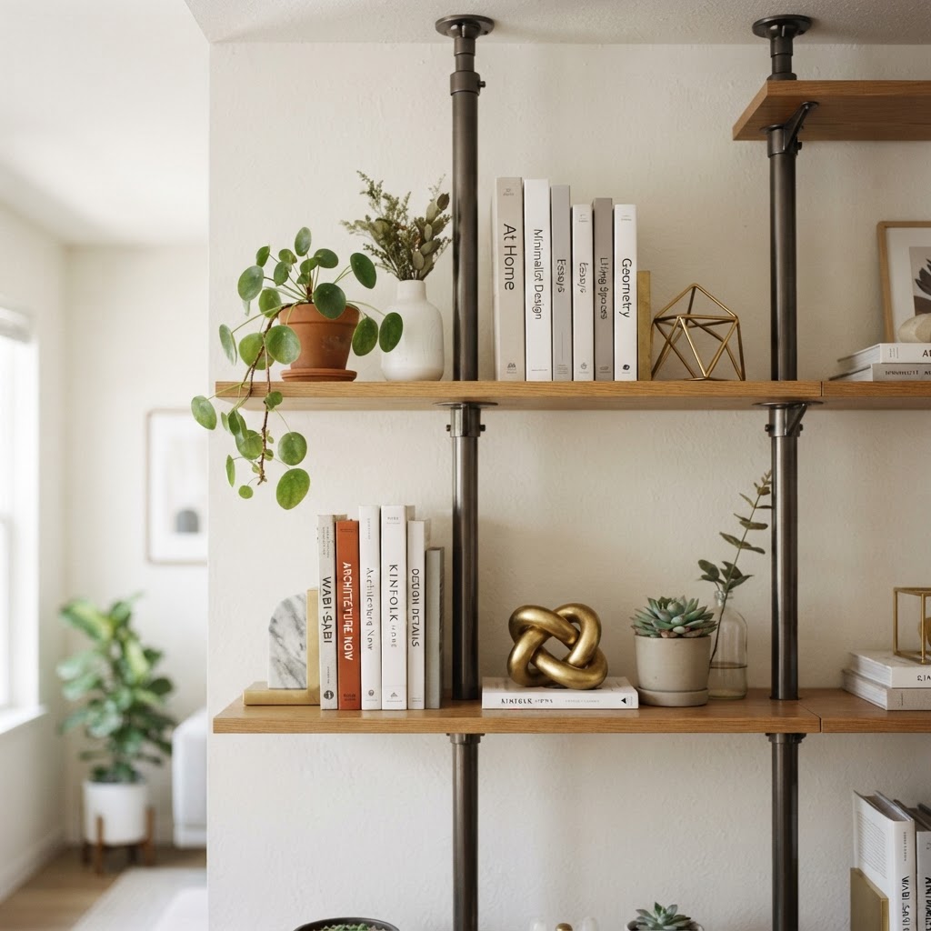 Tension-mounted shelving allows for custom built-in storage and boutique-style display.
