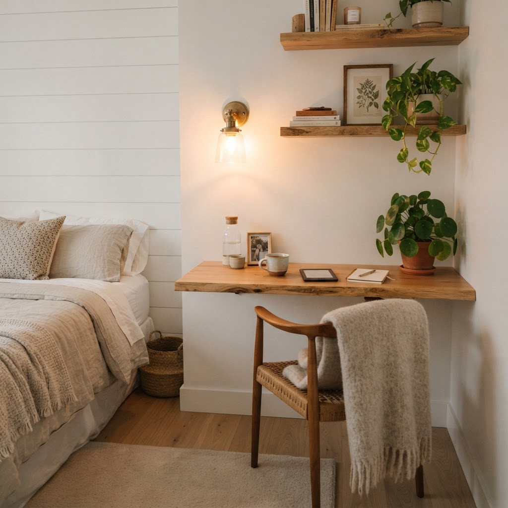 Floating shelves save floor space while adding personal charm.