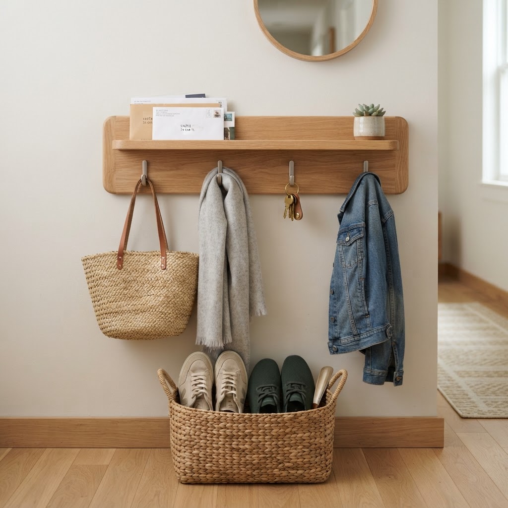 Vertical storage solutions keep your entryway floor clutter-free.