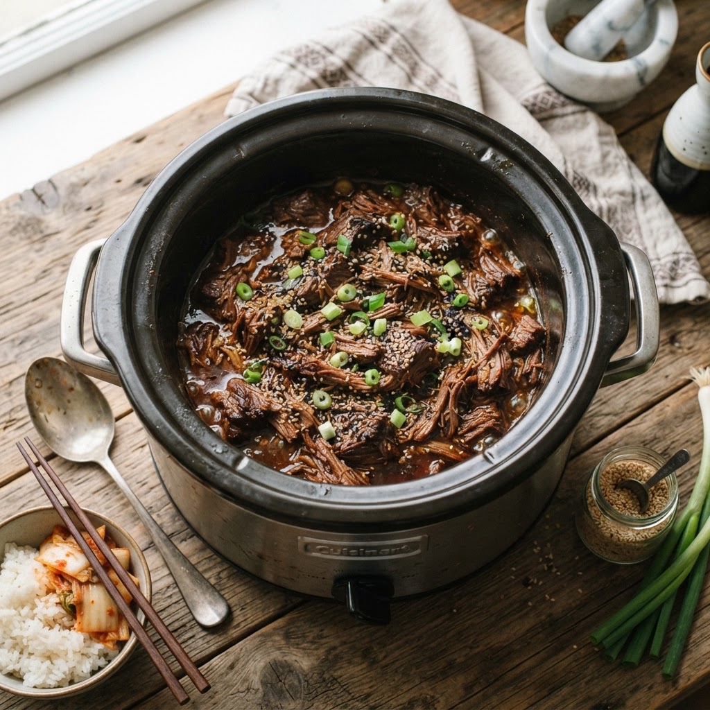 Tender and savory Korean slow cooker beef ready to serve.