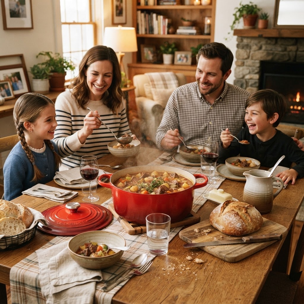 Comforting family-style beef stew ready to serve.