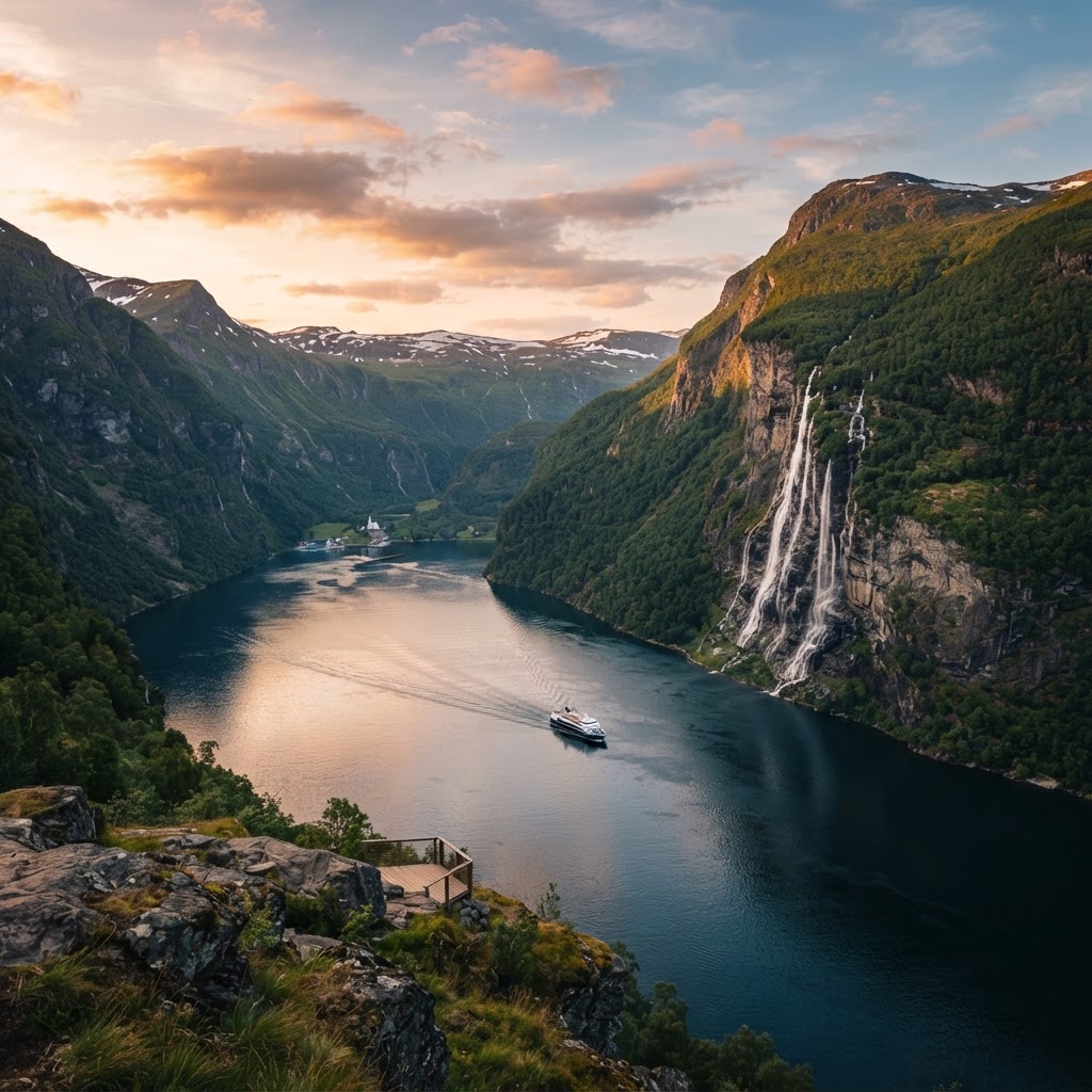 Geirangerfjord's iconic waterfalls create a magical, ethereal atmosphere.