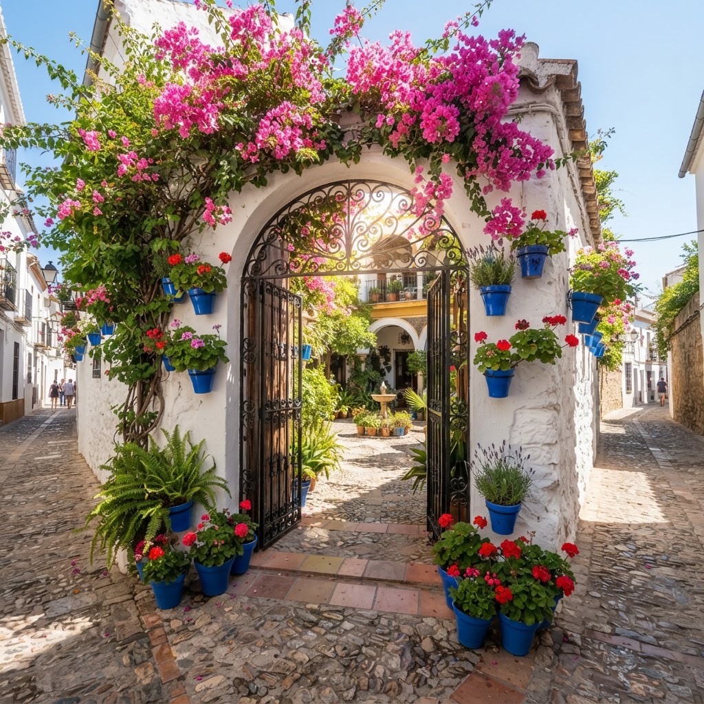 Floral-laden entrances define the charm of Andalusian streets.